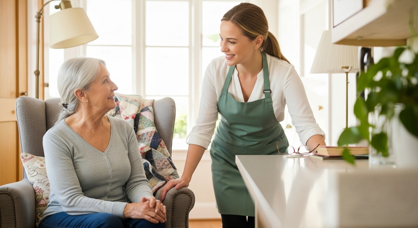 Helpful Home Cleaners team member providing gentle, caring service to an elderly client in Land O' Lakes, FL